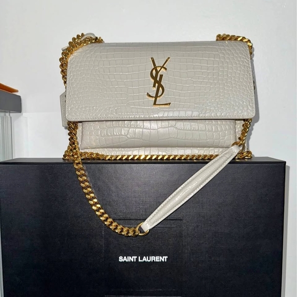 Saint Laurent White Croc-Embossed Bag with Gold Chains - Picture 2 of 3
